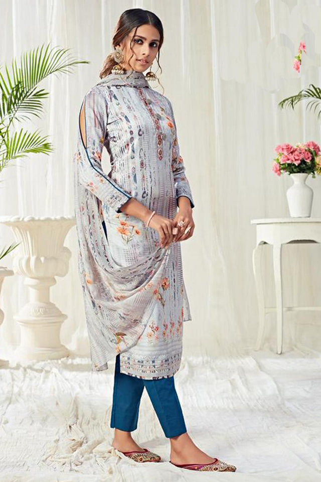 Blue Printed Cotton Kurti Pant Set
