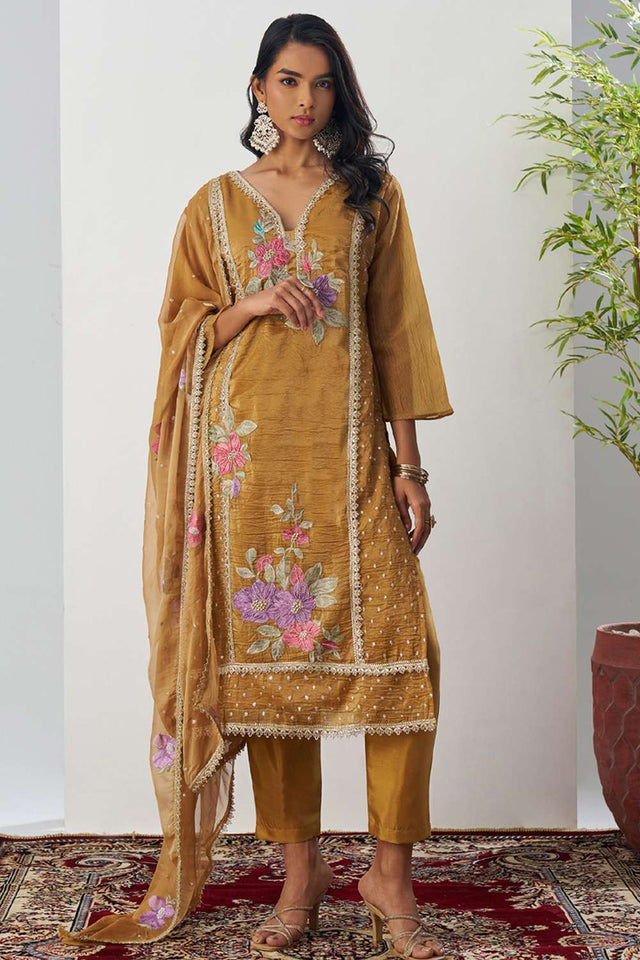 Mustard Floral Embroidered Organza Kurti Pant Set (alizeh ehsaas-8005)