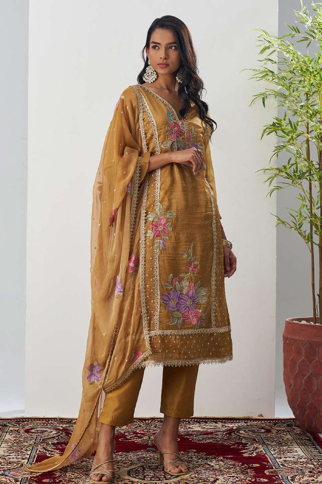 Mustard Floral Embroidered Organza Kurti Pant Set (alizeh ehsaas-8005)