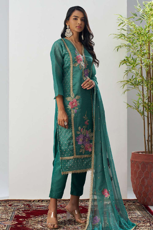 Green Floral Embroidered Organza Kurti Pant Set (alizeh ehsaas-8006)