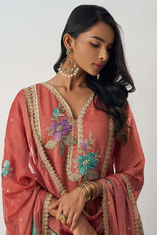 Orange Floral Embroidered Organza Kurti Pant Set (alizeh ehsaas-8008)