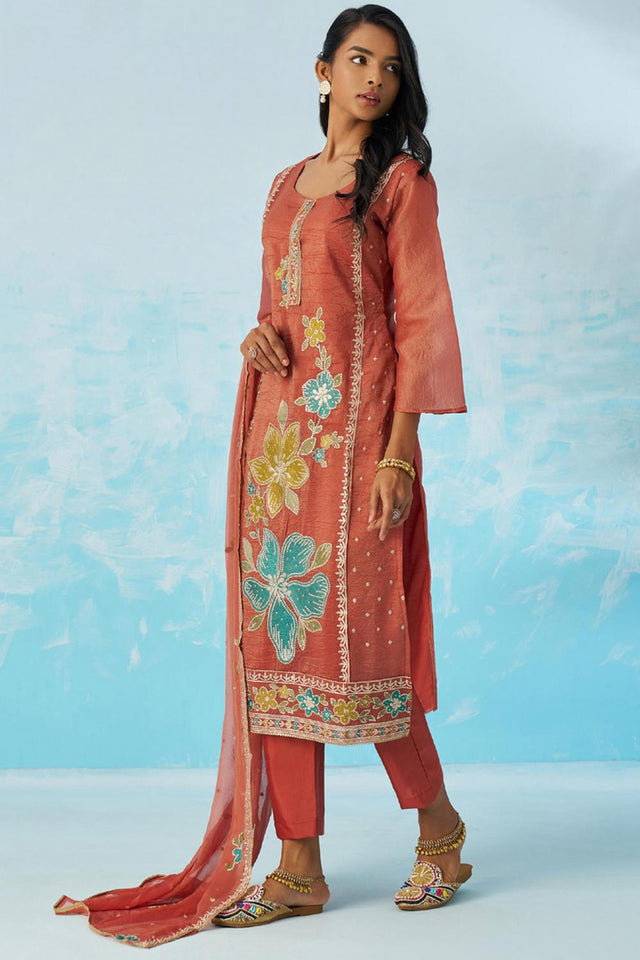 Red Floral Embroidered Organza Kurti Pant Set (alizeh ehsaas2-8019)