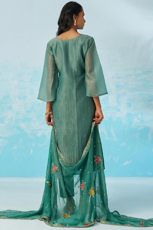 Turquoise Floral Embroidered Organza Kurti Pant Set (alizeh ehsaas2-8020)