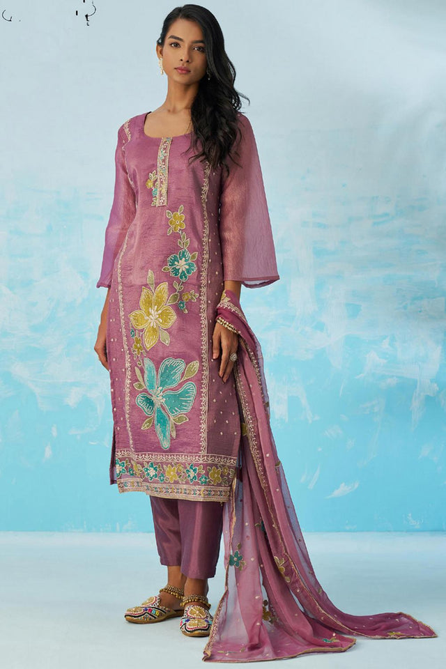 Lavender Floral Embroidered Organza Kurti Pant Set (alizeh ehsaas2-8021)