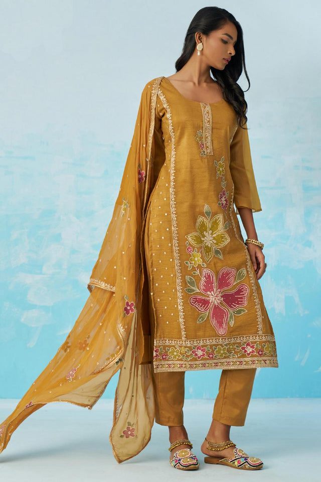 Mustard Floral Embroidered Organza Kurti Pant Set (alizeh ehsaas2-8022)