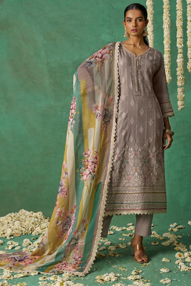 Beige Embroidered Organza Kurti Pant Set