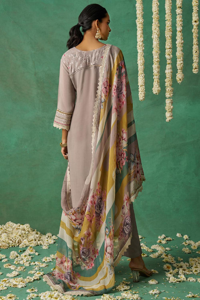 Beige Embroidered Organza Kurti Pant Set