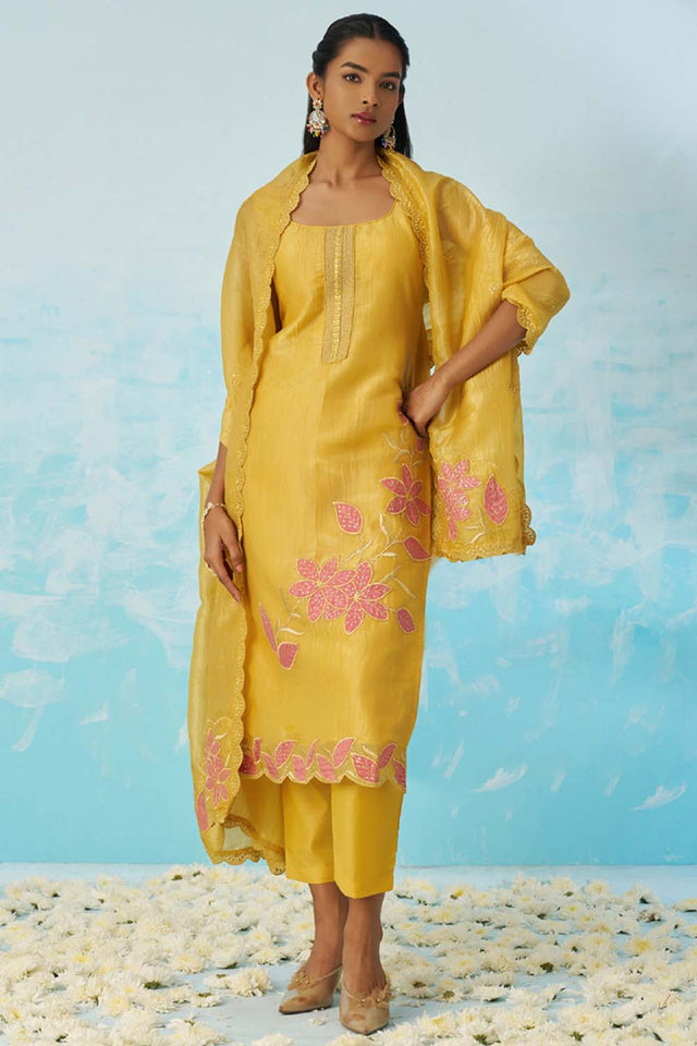 Yellow Embroidered Silk Straight Cut Suit Set (alizeh jasmine-8016)