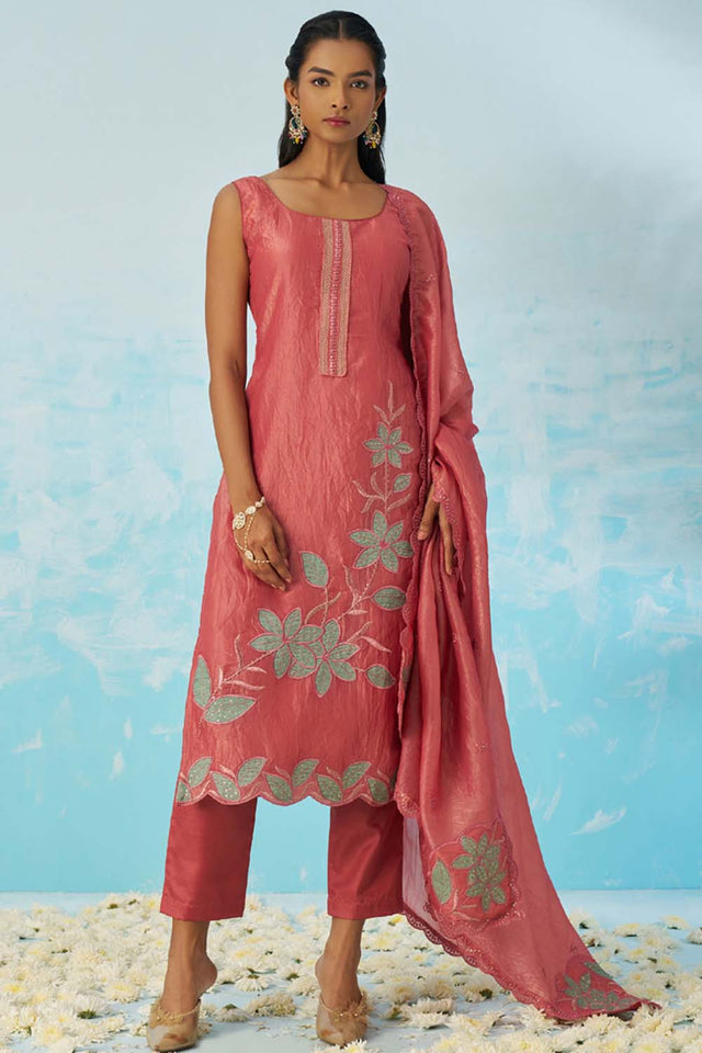 Red Embroidered Silk Straight Cut Suit Set (alizeh jasmine-8017)