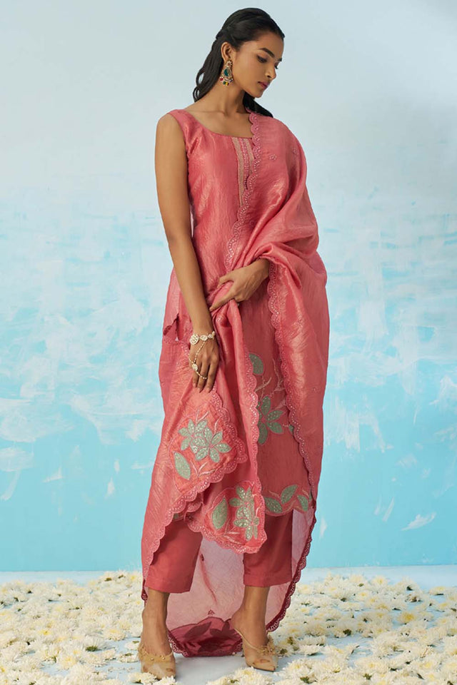 Red Embroidered Silk Straight Cut Suit Set (alizeh jasmine-8017)