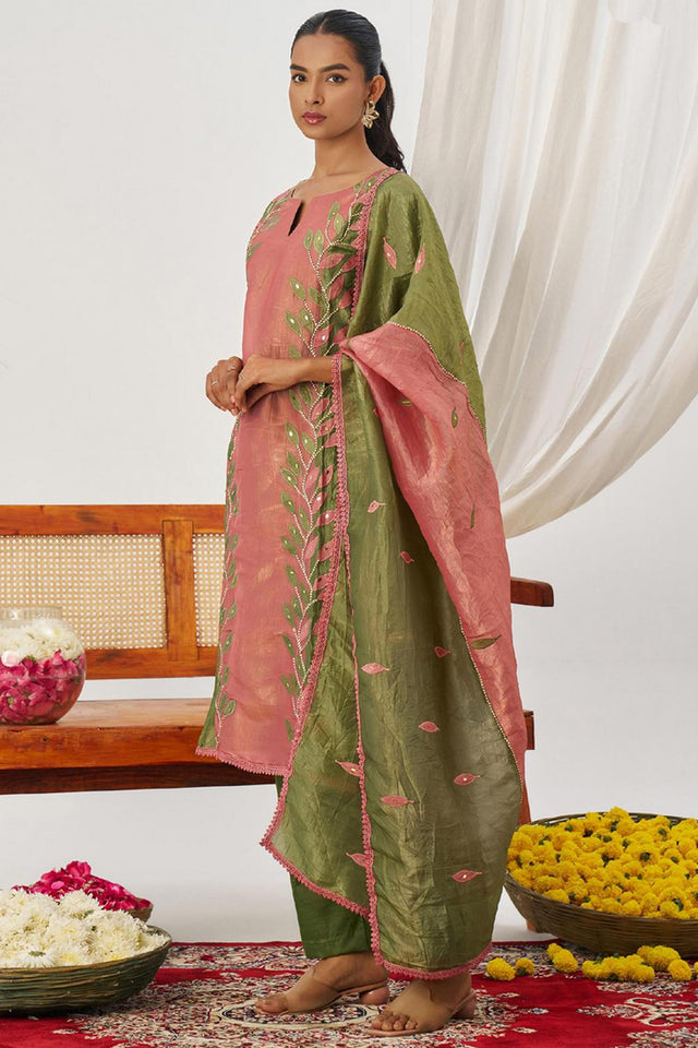 Peach Embroidered Organza Kurti Pant Set (alizeh phool-8029)