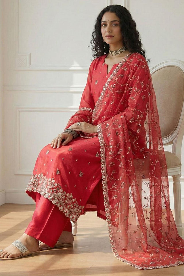 Red Embroidered Organza Kurti Pant Set