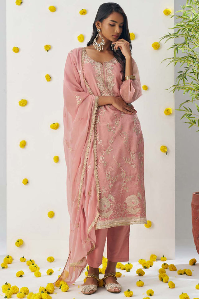 Peach Embroidered Organza Straight Cut Suit Set (alizeh raag-8009)