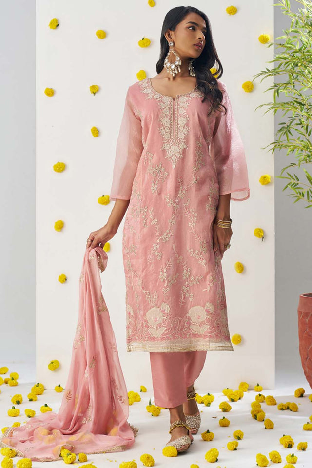 Peach Embroidered Organza Straight Cut Suit Set (alizeh raag-8009)