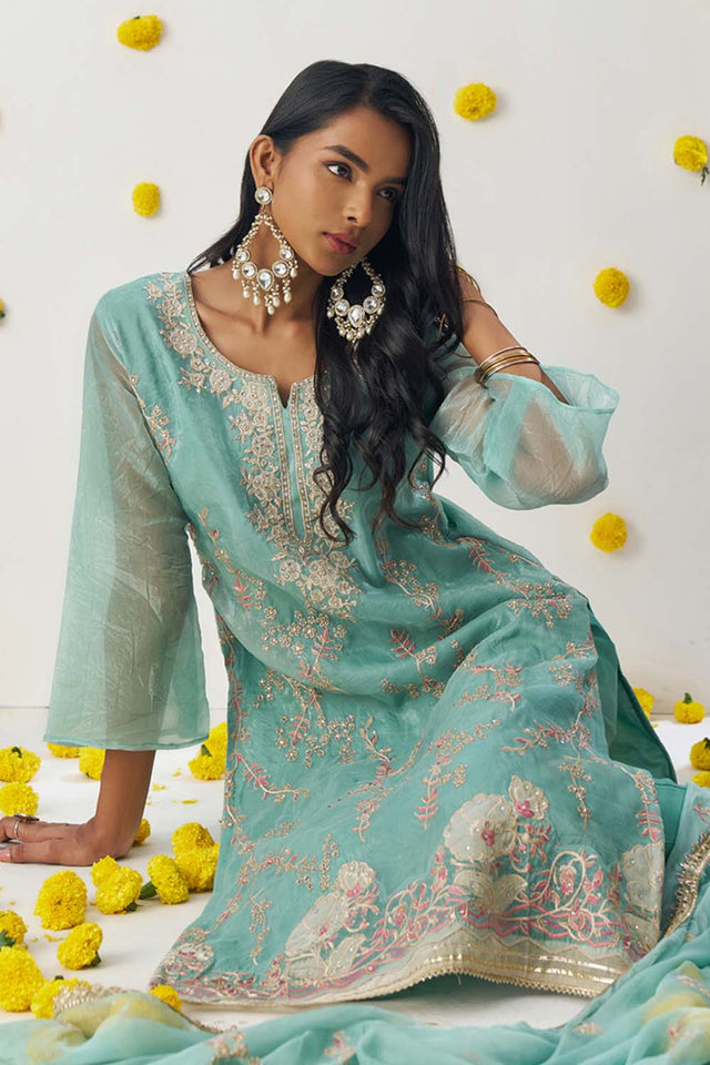 Blue Embroidered Organza Straight Cut Suit Set (alizeh raag-8010)
