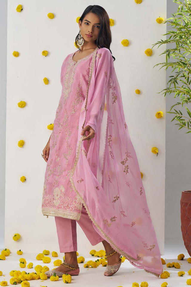 Light Pink Embroidered Organza Straight Cut Suit Set (alizeh raag-8011)