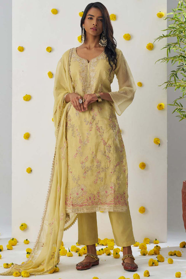 Yellow Embroidered Organza Straight Cut Suit Set (alizeh raag-8012)