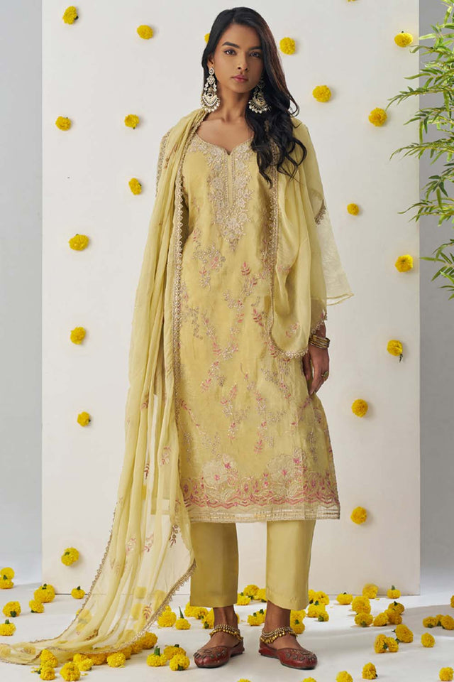 Yellow Embroidered Organza Straight Cut Suit Set (alizeh raag-8012)