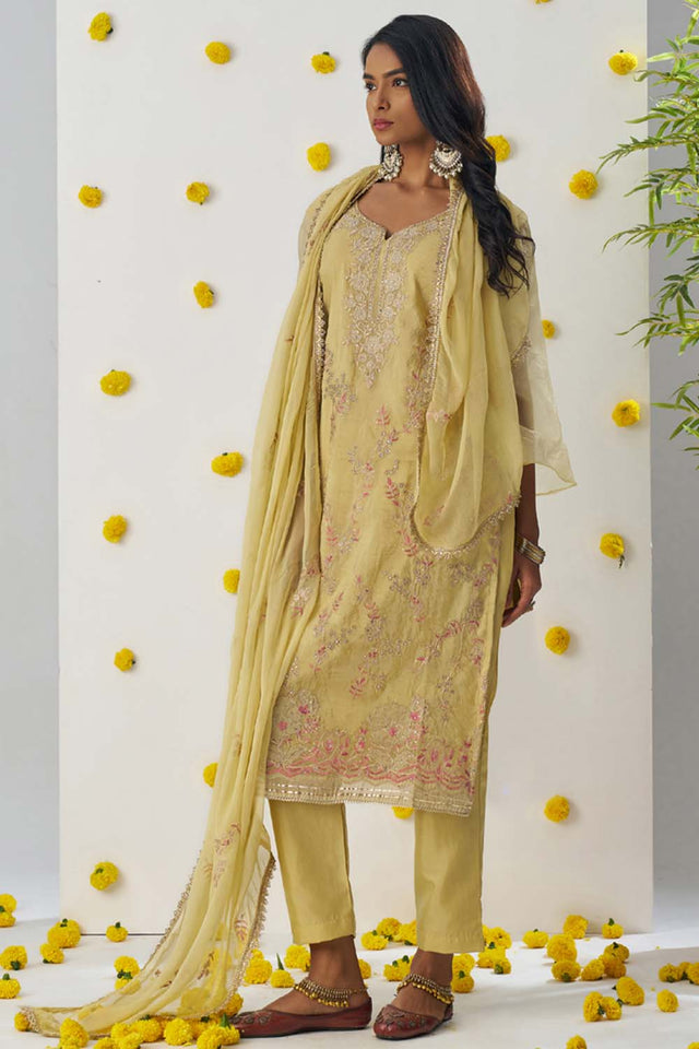 Yellow Embroidered Organza Straight Cut Suit Set (alizeh raag-8012)