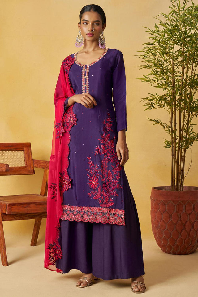 Violet Floral Embroidered Organza Kurti Palazzo Set