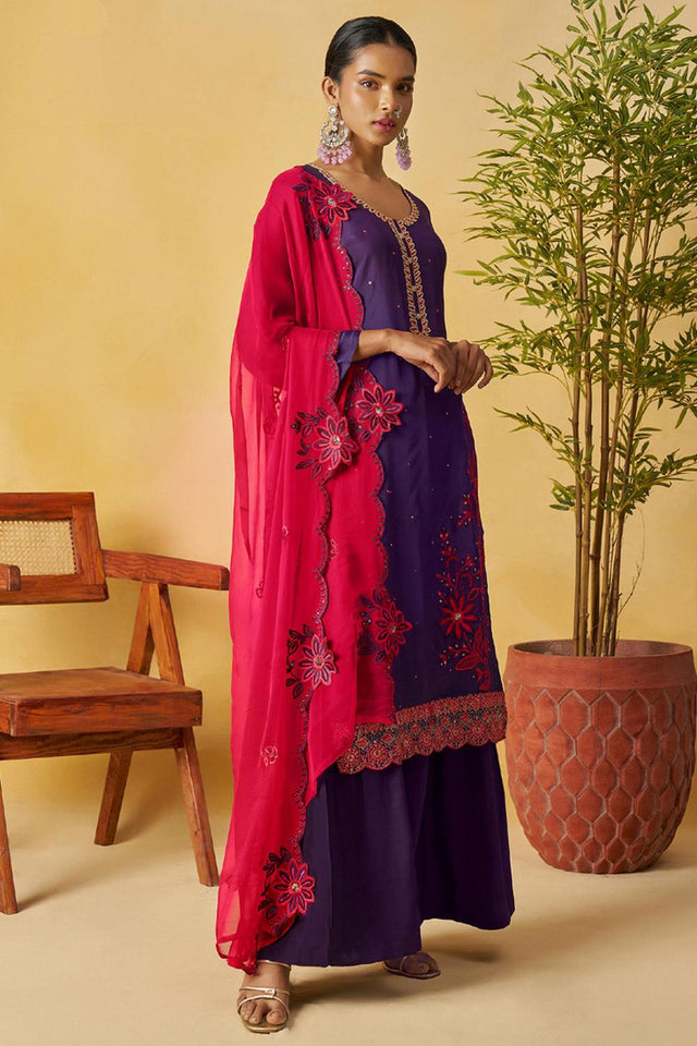 Violet Floral Embroidered Organza Kurti Palazzo Set
