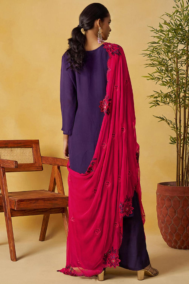 Violet Floral Embroidered Organza Kurti Palazzo Set