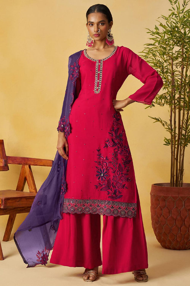 Red Floral Embroidered Organza Kurti Palazzo Set