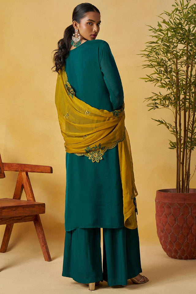 Green Floral Embroidered Organza Kurti Palazzo Set