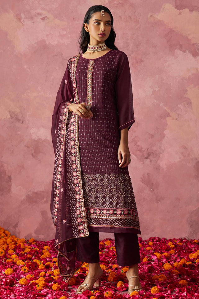 Wine Embroidered Georgette Kurti Pant Set