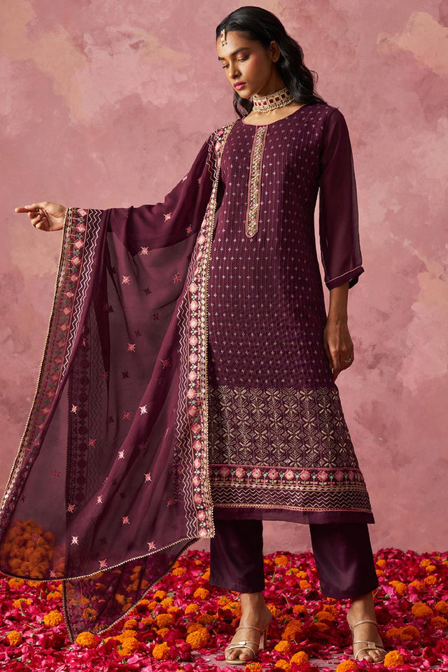 Wine Embroidered Georgette Kurti Pant Set