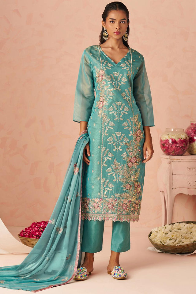 Blue Floral Embroidered Silk Kurti Pant Set