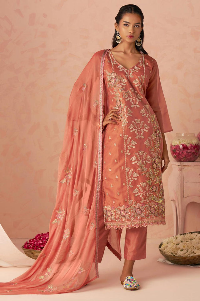 Orange Floral Embroidered Silk Kurti Pant Set
