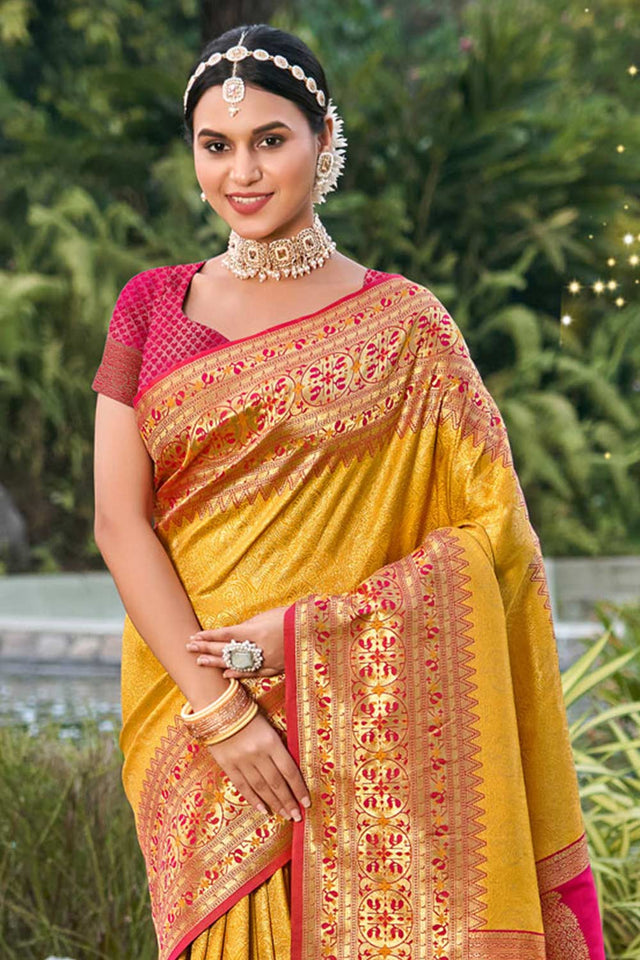 Yellow Kanjivaram Silk Woven Saree