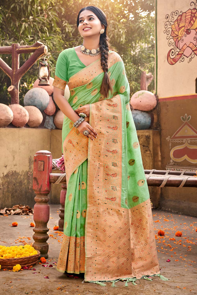 Green Cotton Woven Saree