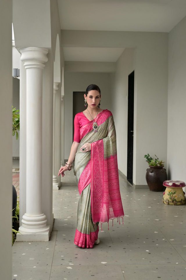 Pink Geometric Printed Art Silk Saree (Eth_SR_107)