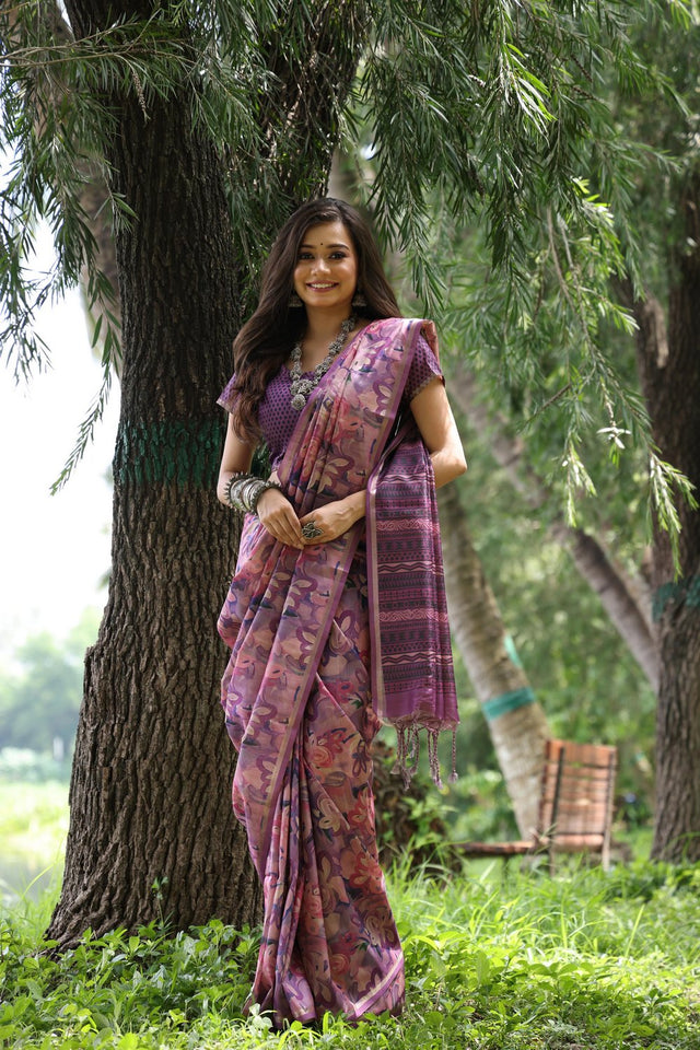 Multi Color Woven with Floral Printed Art Silk Saree (Eth_SR_111)