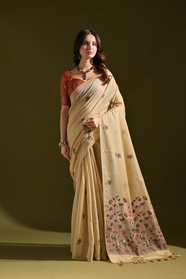 Beige Floral Woven Cotton Saree (Eth_SR_117)