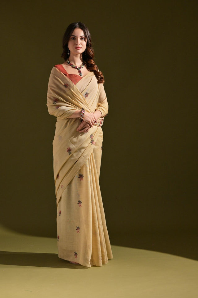 Beige Floral Woven Cotton Saree (Eth_SR_117)