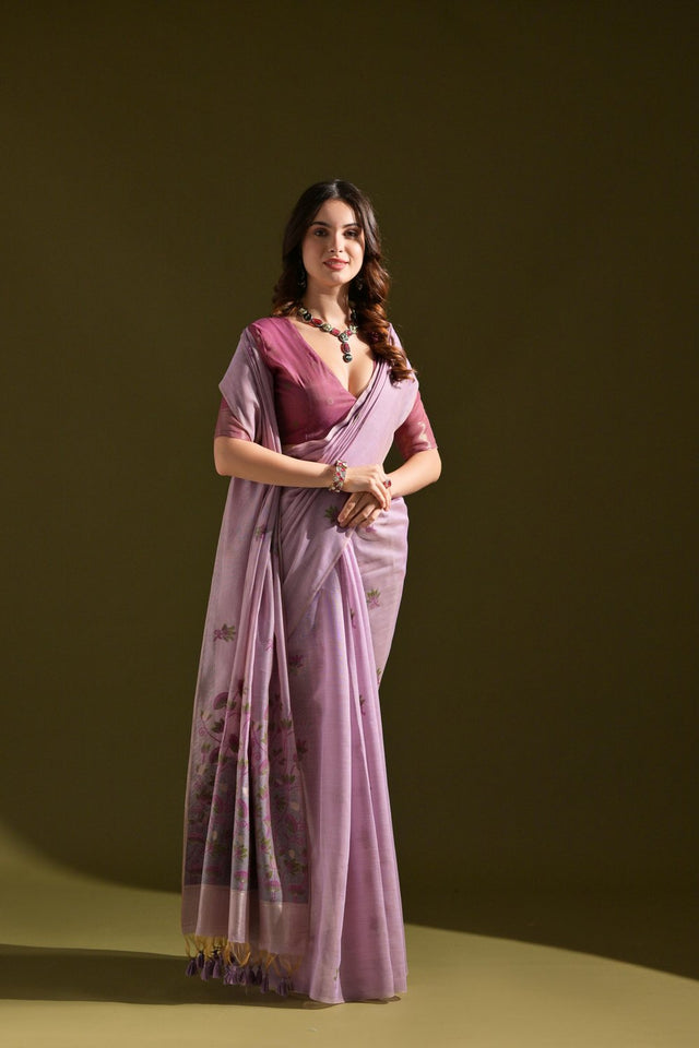 Purple Floral Woven Cotton Saree (Eth_SR_119)