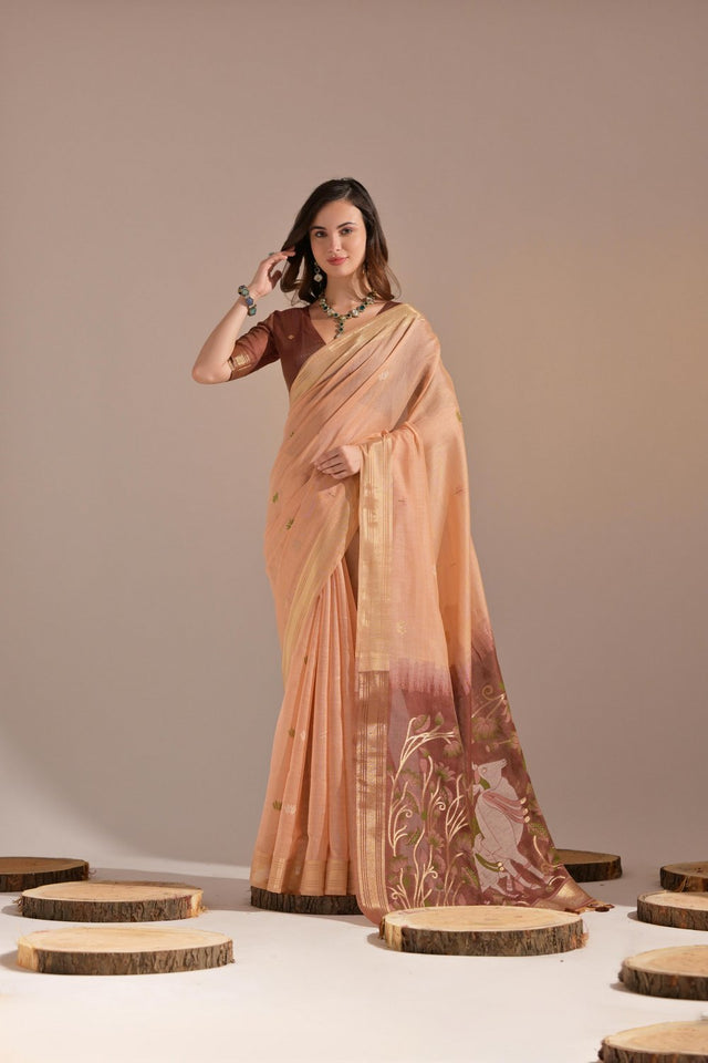 Peach Woven cotton Saree (Eth_SR_137)
