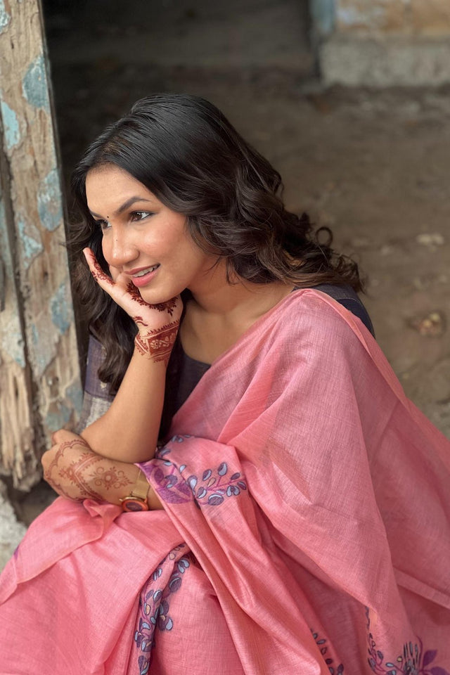 Pink Floral Woven Art Silk Saree (Eth_SR_159)