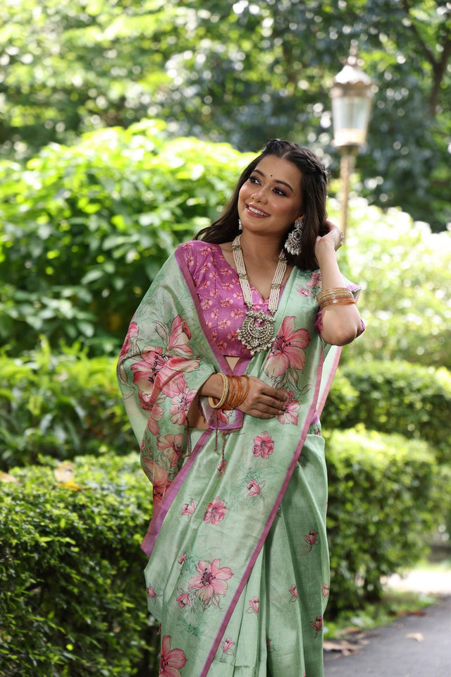 Turquoise Floral Printed Art Silk Saree (Eth_SR_254)