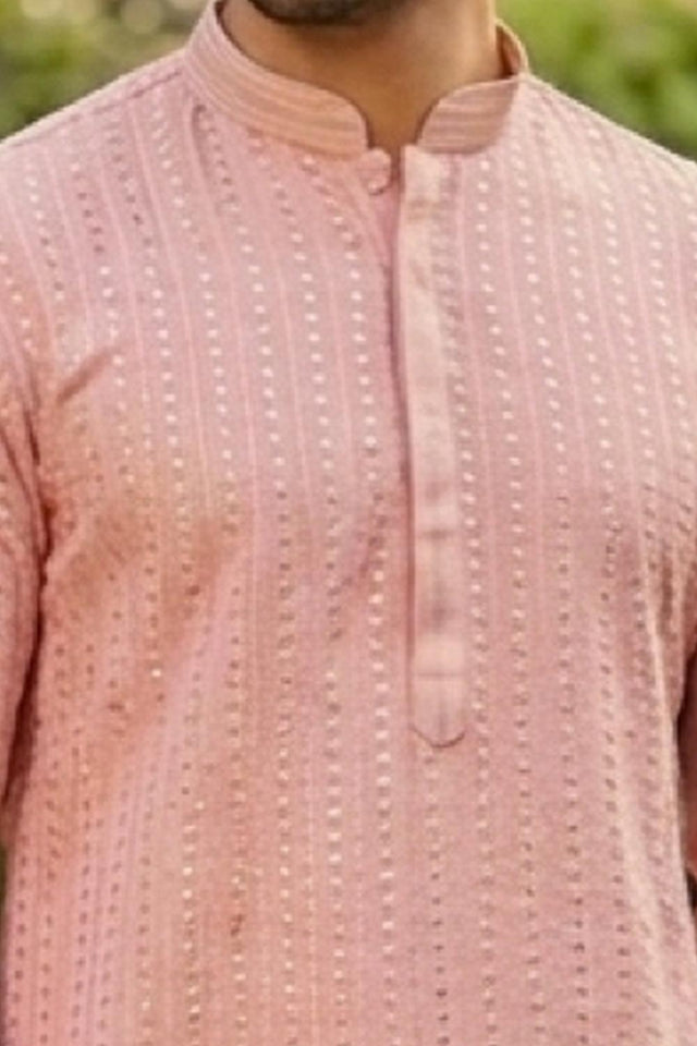 Mens Pink Embroidered Georgette Kurta Only (EX-3)