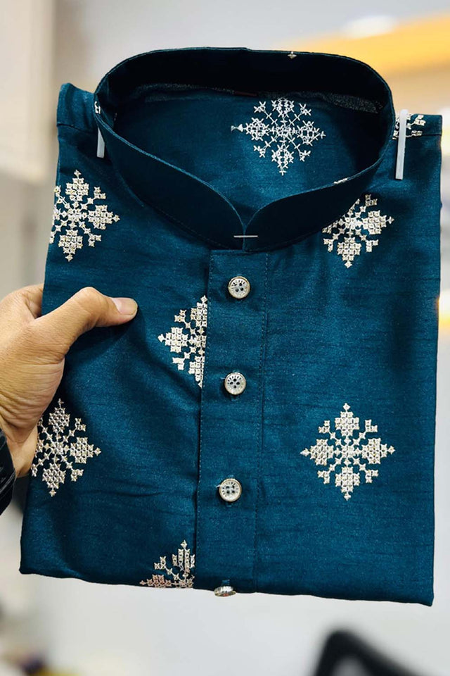 Blue Floral Silk Men's Kurta Set
