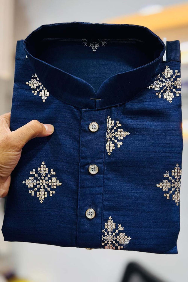 Blue Floral Silk Men's Kurta Set