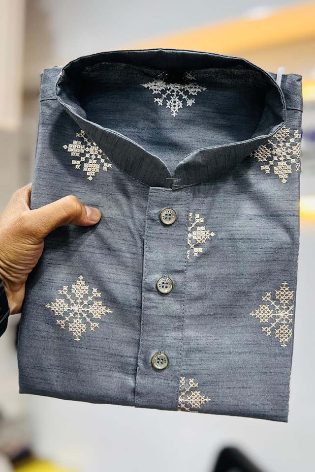 Grey Floral Silk Men's Kurta Set