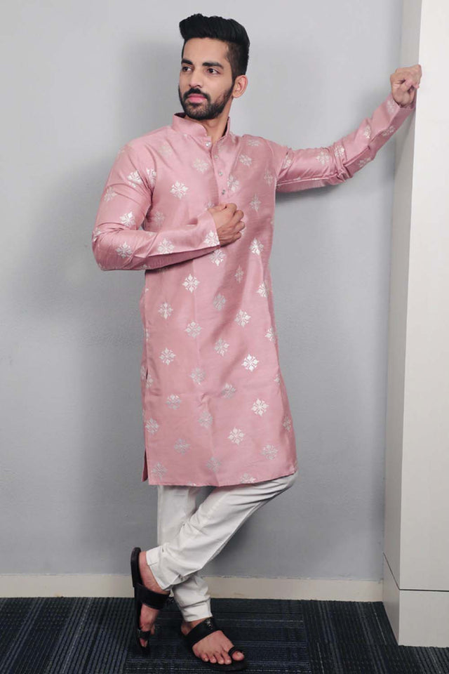 Pink Floral Silk Men's Kurta Set