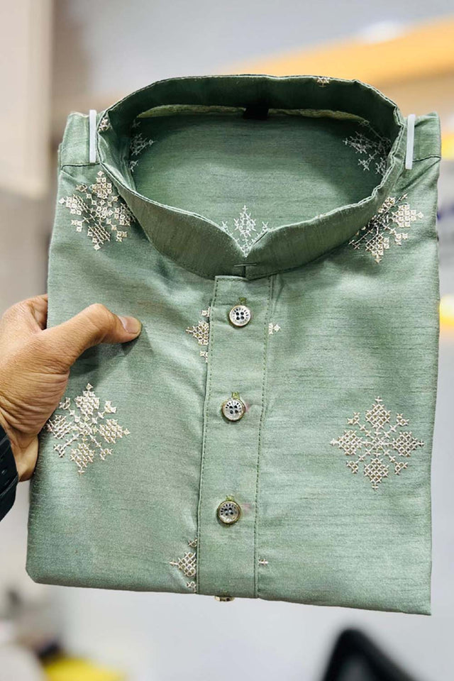Green Floral Silk Men's Kurta Set
