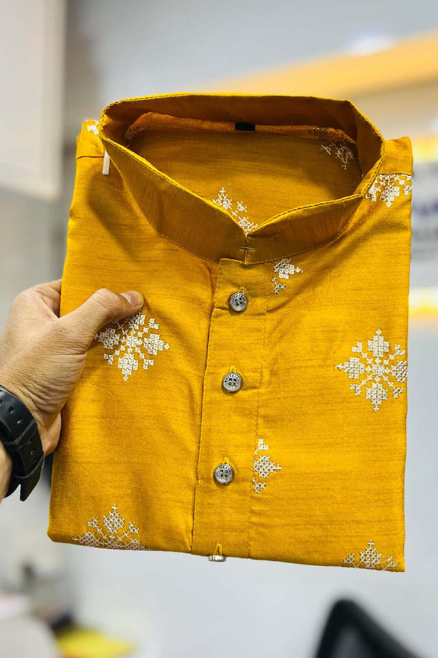 Yellow Floral Silk Men's Kurta Set