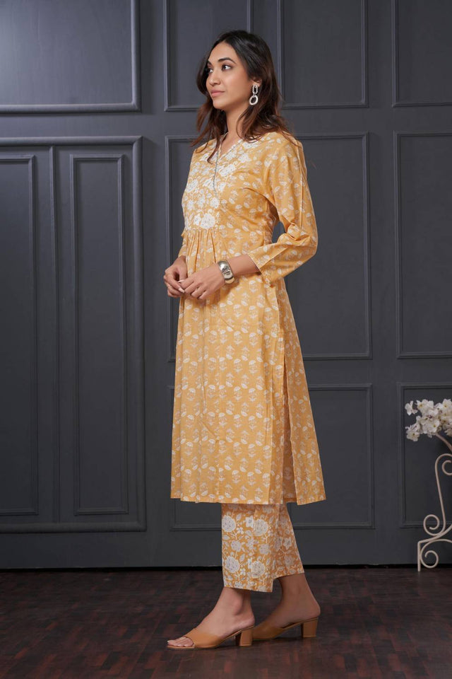 Yellow Floral Printed Cotton Kurti Pant Set